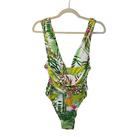 Trina Turk Tropical Print Deep Plunge V-Neck One Piece Swimsuit Size 8 - Picture 1 of 8